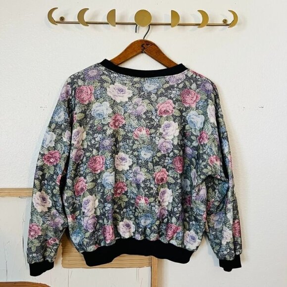 Vintage Textured Cottage Floral Zip up Bomber Sweater Gnome Jacket - Picture 3 of 7